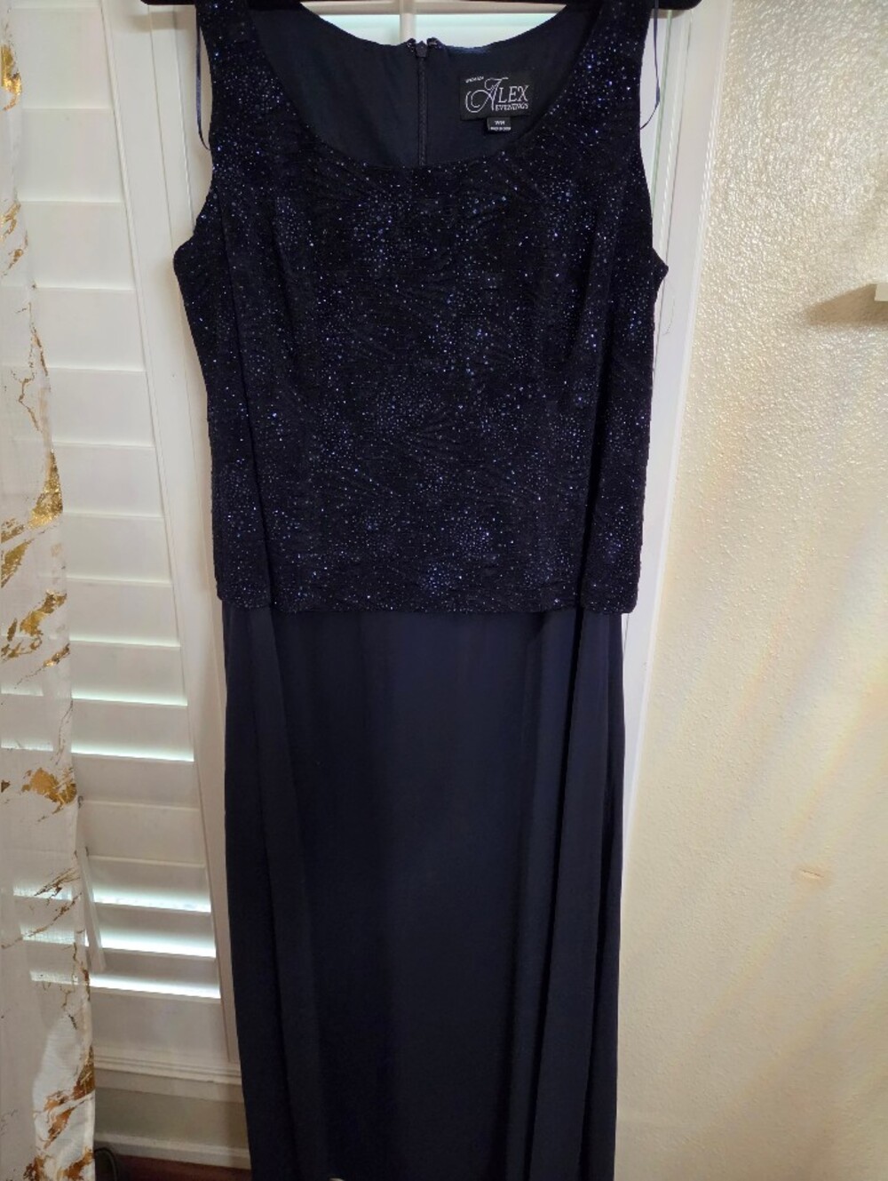 Elegant Navy Sleeveless Shimmery Evening Dress, Size 14W